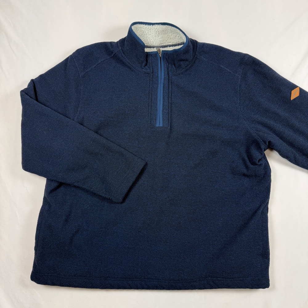 Orvis Mens XXL Navy Blue Sherpa Lined Quarter Zip Textured Knit Pullover Sweater